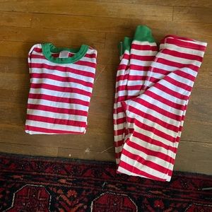 Red and white striped pajamas with green trim